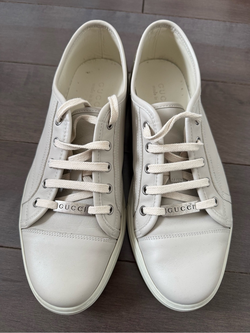 Gucci Cream Leather Lace-Up Sneakers with Branded Metal Plate, Authentic